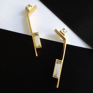 Modern Long Drop Earrings, Gold with Crystal, Joidart Barcelona Jewelry NWT